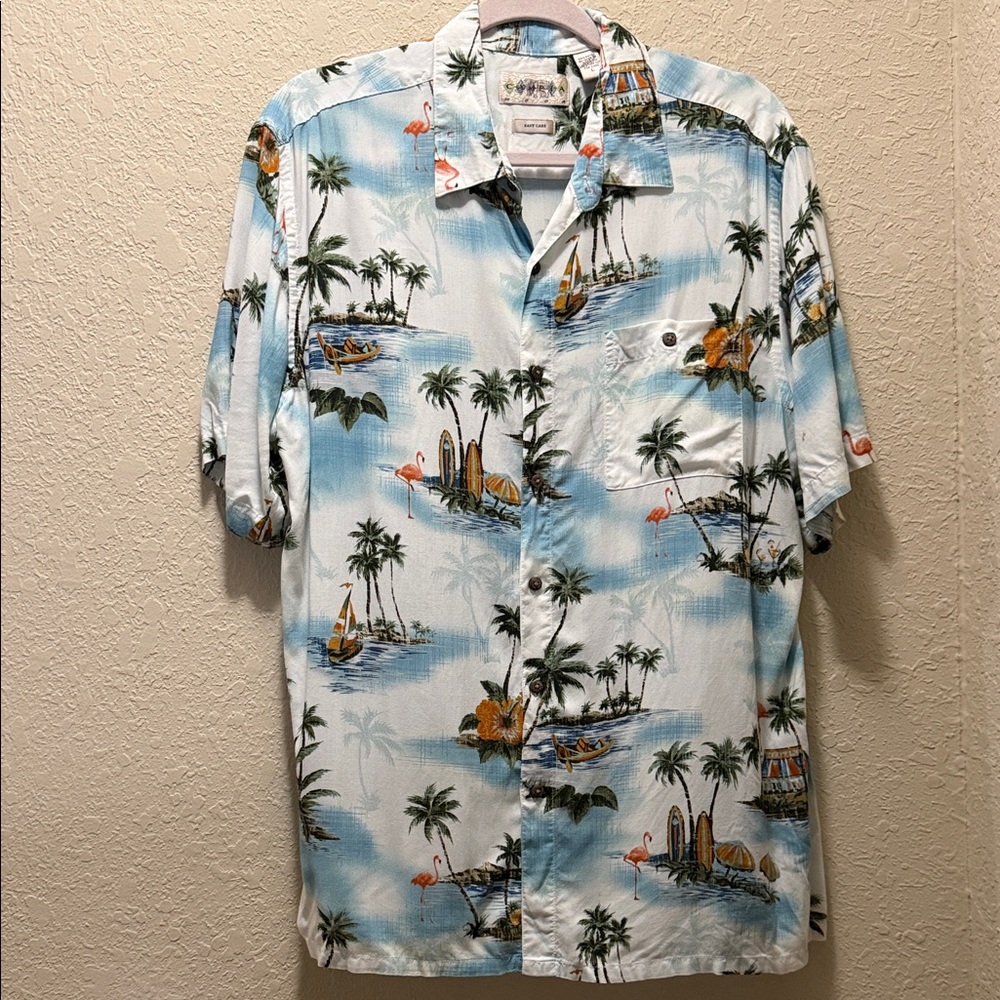 Men's Light Blue Tropical Hawaiian Camp Shirt, Size L